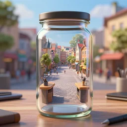 town square, inside a glass jar only work desk background. sharp focus, photography, unreal engine, trending on artstation, photorealistic, octane, trending on deviantart, unreal engine