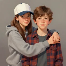 a girl in hoodie and baseball cap wrapping arms around a brown haired boy in plaid shirt, artstation portrait painting for marvel studios