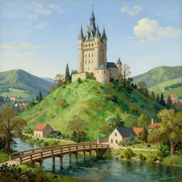 tall chateau on hill in a green valley. river which has a wooden bridge. beautiful surrealistic painting by bosch. artgem, 8 k, detailed, happy