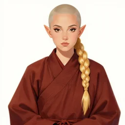 tall female, half elf, short ears, long blonde hair, single braid, almond shaped dark brown eyes, long lashes, big forehead, a round tapered face, sharp nose, full lips, monk clothes, full body illustration, character art, character design, 4 k, 8 k, drawing