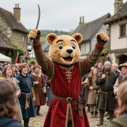 a mascot hyping up the crowd at a beheading in a medieval village