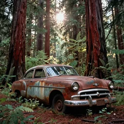 Photograph of an abandoned rusty 1950's Buick in an old redwood forest, massive trees, overgrown with vegetation, sun shining through the trees, backlit, crepuscular rays, muted colors, 8k, shallow DoF