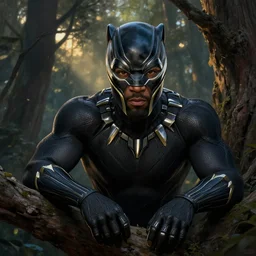 Chad Bosewick in the Black Panther staring at you, forest, on a tree, sigma male, accurately portrayed, portrait art by alphonse mucha and greg rutkowski, highly detailed, digital painting, concept art, illustration, dim lighting with twilight rays of sunlight, trending on artstation, very detailed, smooth, sharp focus, octane render, close up