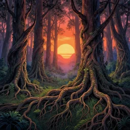 an enchanted forest with intricate roots by mœbius and akihiko yoshida, 4 k wallpaper, highly detailed, sunset, mist, vivid color