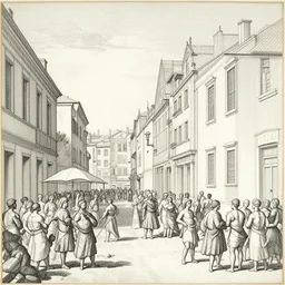 the tragicomedy of the city, urban scene in linear perspective by sebastiano serlio, line drawing 1 5 3 6, super detailed,