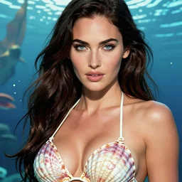 megan fox wearing a mermeid shell bikini top, atlantis in the background, piercing eyes, highly detailed face, realistic face, beautiful detailed eyes, fantasy art, in the style of greg rutkowski, illustration, epic, fantasy, intricate, hyper detailed, artstation, concept art, smooth, sharp focus, ray tracing, vibrant,