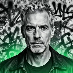 highly detailed portrait of beautiful christian slater, stubble, old, as mr robot, grey hair, by atey ghailan, by greg rutkowski, by greg tocchini, by james gilleard, by joe fenton, by kaethe butcher, gradient green, black and white color scheme, grunge aesthetic!!! ( ( graffiti tag wall background ) )
