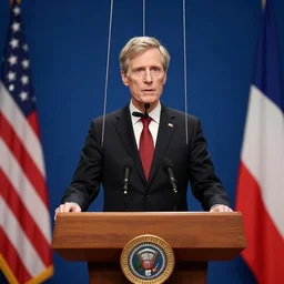 president puppeteer that looks like a marionette in a podium giving a press conference