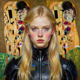 highly detailed oil painting | very intricate | cinematic lighting | award - winning | portrait of a blonde girl, with a long face, beautiful eyes, intense presence, ruta gedmintas lookalike, cyberpunk clothes | by roberto ferri, by tom bagshaw, by j. c. leyendecker and klimt, american romanticism, by austin osman spare, artstation, cgsociety, official art, octane