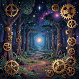 steampunk gears, enchanted cosmic forest, stars in the sky, psychedelic, wide angle shot, vector art, optical illusion, heavenly, 4 k, fantasy poster by helen huang and frank frazetta and salvador dali