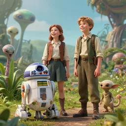 a girl and a boy standing next to some alien plants, looking happy and wearing civil war era clothes, their pet droid is nearby, while a small cute alien creature is standing behind them, in a park on a alien planet, ultra realistic facial details, enhanced faces, ultra photorealistic raytracing, 8k