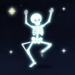 an illustration of a glowing skeleton character dancing in space. drawn in a vintage anime style. lofi aesthetic, grain