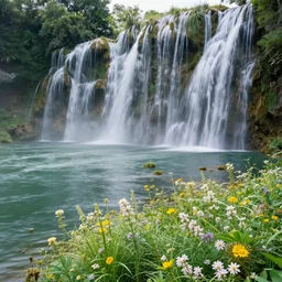 ultra realistic photo, wallpaper, waterfalls, lake, flowers, insanely detailed plants, natural day lighting, pictures of landscapes, nature photo award, red detail lianas, rocks walls