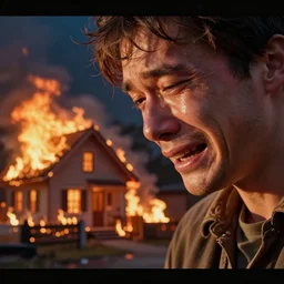 A house on fire. A man's big crying face in the lower right corner of the screen.