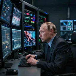 vladimir putin hacking into the mainframe, multiple screens and monitors, dark atmosphere, creepy, very detailed, realistic photography