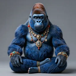 a meditating, blue gorilla with lots of buddhist jewelery by mars 1