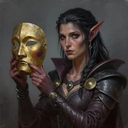 a painting of a female dark elf holding her mask, a character portrait by Nína Tryggvadóttir, polycount contest winner, fantasy art, detailed painting, concept art, artstation hd