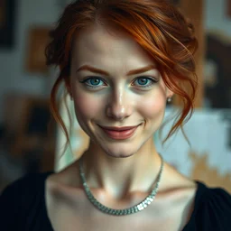 a portrait photograph of a smug young woman painter in her studio, wearing a black dress and silver necklace, red hair, dof, sharp focus, slight smile, pale, highly detailed face, symmetric face, 4 k, cinestill 8 0 0 t, exif, raw, photography by andreas franke