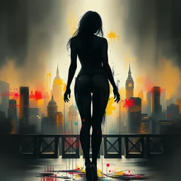 abstract portrait of full body dark seraphim female hips silhouette, city in the background, beautiful abstract full body, safe for work rembrandt light female shape, center bottom frame, face symmetry, colorful spray paint splatters, expressive, abstract art, by greg rutkowski, by jeremy mann, by francoise nielly, 4 k, 8 k, correct body proportion, cinematic style, female shape