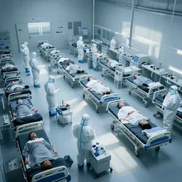 underground lab, sterile, rows of humans on hospital beds, staff wearing hazmat suits, unknown location, photo taken from above, light and shadows, concept art