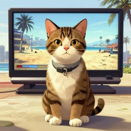 anthropomorphic cat, GTA 5 loading screen, Santa Monica Beach,concept art