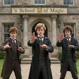 sharp, highly detailed, 7 0 mm still from a 2 0 1 9 sci fi color movie, set in 1 8 5 0 in an alternate universe, mid distant shot of three students practicing magic, outside the'school of magic ', 1 8 5 0 s era clothing, good cinematic lighting, in focus, real faces, live action, cinematic photography