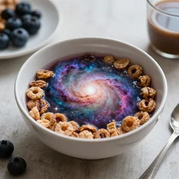 a picture of a morning breakfast table with a cereal bowl with a nebula inside, highly intricate and colorful, nebula, galaxy