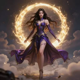 a beautiful female bloodmoon witch character, character is in all its glory, character is in her natural relaxed pose, full body shot, rim lights, particles and dust in the air, fancy clouds, highly detailed professional photo, dynamic lights, particles are flying, depth of field, trending on artstation, professional illustration, hyper realistic, vray caustics, super detailed, colorful accents, cinematic shot