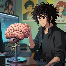 cyberpunk curly - haired persian programmer next to an artificial brain on a stand, trending on artstation, makoto shinkai, masamune shirow and moebius, high detailed