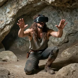 a caveman with a vr virtual reality headset in a cave
