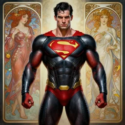 portrait of crossfit bodybuilder fitness muscular sprinter superman!, futuristic detailed ornate cyberpunk costume!, red and black costume!!!, pale skin!, no logo!!!, painted art by tsuyoshi nagano, greg rutkowski, artgerm, alphonse mucha, spike painting