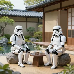 hyperrealistic composition of the japanese home with a garden and a pond, 2 stormtroopers sitting around it, pop - art style, jacky tsai style, andy warhol style, roy lichtenstein style, rich palette, acrylic on canvas