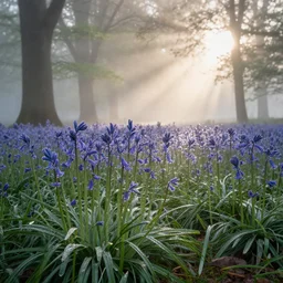 beautiful landscape photography of ashdown forest, misty morning in spring, bluebells, dew drops, glistening, sun rays, lpoty, award winning