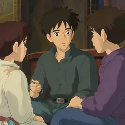 attractive male chatting, in the style of studio ghibli, j. c. leyendecker, greg rutkowski, artgerm
