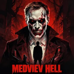 poster for blockbuster, medvedev in hell, scary art in color, art in 4 k