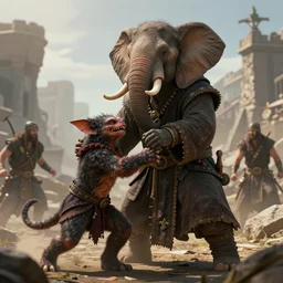 robed scholar with an elephant's head grabs a kobold out of harms way, 4 k, digital art, cinematic, fantasy, octane render
