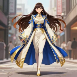 portrait of a beautiful jabami yumeko, powerful leader, luxurious street clothing, ivory and gold and royal blue accents, extremely detailed, sharp focus, wide view, full body shot, smooth, digital illustration, by, james jean, by android james, frank franzzeta, sakimichan, jeremy lipking