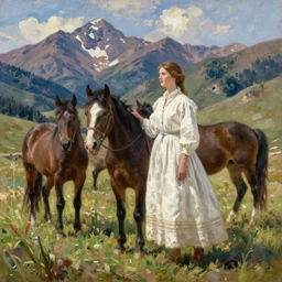 scenic western mountain landscape with wild horses and a woman in a long white traditional dress, Anna Ancher & Peder Severin Krøyer, oil on canvas, beautifully daylight, artstation
