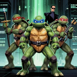 the matrix, ninja turtles in the matrix, the matrix with ninja turtles, agent smith fighting ninja turtles in the matrix comic book art