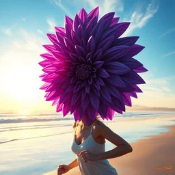 portrait, giant purple dahlia flower head, woman running at orange beach, surreal photography, sunrise, blue sky, dramatic light, impressionist painting, digital painting, artstation, simon stalenhag
