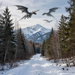 A winter landscape overlooking a path through the woods with mountains in the background, nature photo, fantasy setting, dragons flying in the background, 4k