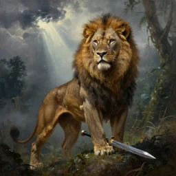 muscular lion as barbarian with sword  , very textured detailed oil painting panoramic 4k hires detailed portrait by rembrandt,  dramatic clouds, thunder in the foggy jungle  ,sun rays through trees - W 1600
