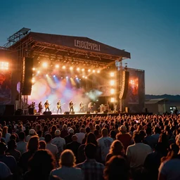 photograph led zeppelin performing in stage!! at night with in the atacama desert by mark owen. crowd watching. kodak portra film!!. whirl bokeh!. mamiya 7. highly detailed. hq. photoreal. golden hour. in - frame