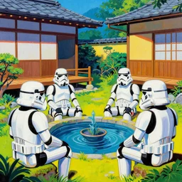 hyperdetailed close - up image of a japanese house with a garden, pond, stormtroopers sitting around it, in style of pop - art, andy warho style, roy lichtenstein style, jackie tsa stylei, bright palette, acrylic on canvas