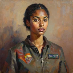 detailed portrait in daring femininity, ethnic, statuesque, confident realistic face, flight suit, bathed in morning light, chiaroscuro, radiosity, angular impressionism, textiles color medley, warm earthy natural color scheme with contrasting highlights, modern fashion, contemporary art, deep rich hues, oil on canvas