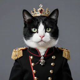 Black and White cat dressed as queen elizabeth in full dress uniform, hyper realistic, photorealistic, extremely detailed fur, octane render, 8k, intricate details, studio lighting