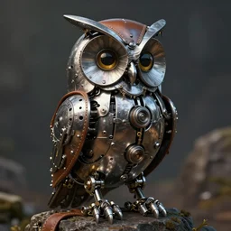drawing of an mechanical owl, steampunk style, she is made from stainless steel and leather