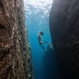 underwater looking up, one woman swimming alone in large tall rock trench , toward the sun rays and caustics, film , cinematic, underwater photography, low angle view, wide lens