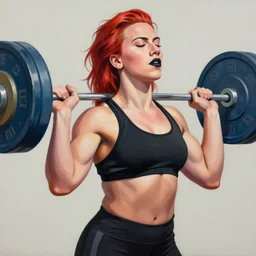 greg manchess portrait of scarlett johansson as thick very muscular weightlifter with red hair and black lips, eyes closed, medium shot, asymmetrical, profile picture, organic painting, sunny day, matte painting, bold shapes, hard edges, street art, trending on artstation, by huang guangjian and gil elvgren and sachin teng