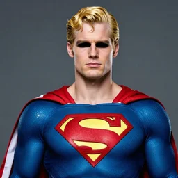 portrait of blonde superman with blonde hair he is blinde and thin face lines, his cape is the american flag